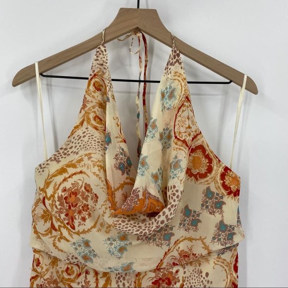 Kay Unger 100% Silk Halter Drape Layers Asymmetrical Hem Print Size 12 - Picture 2 of 9